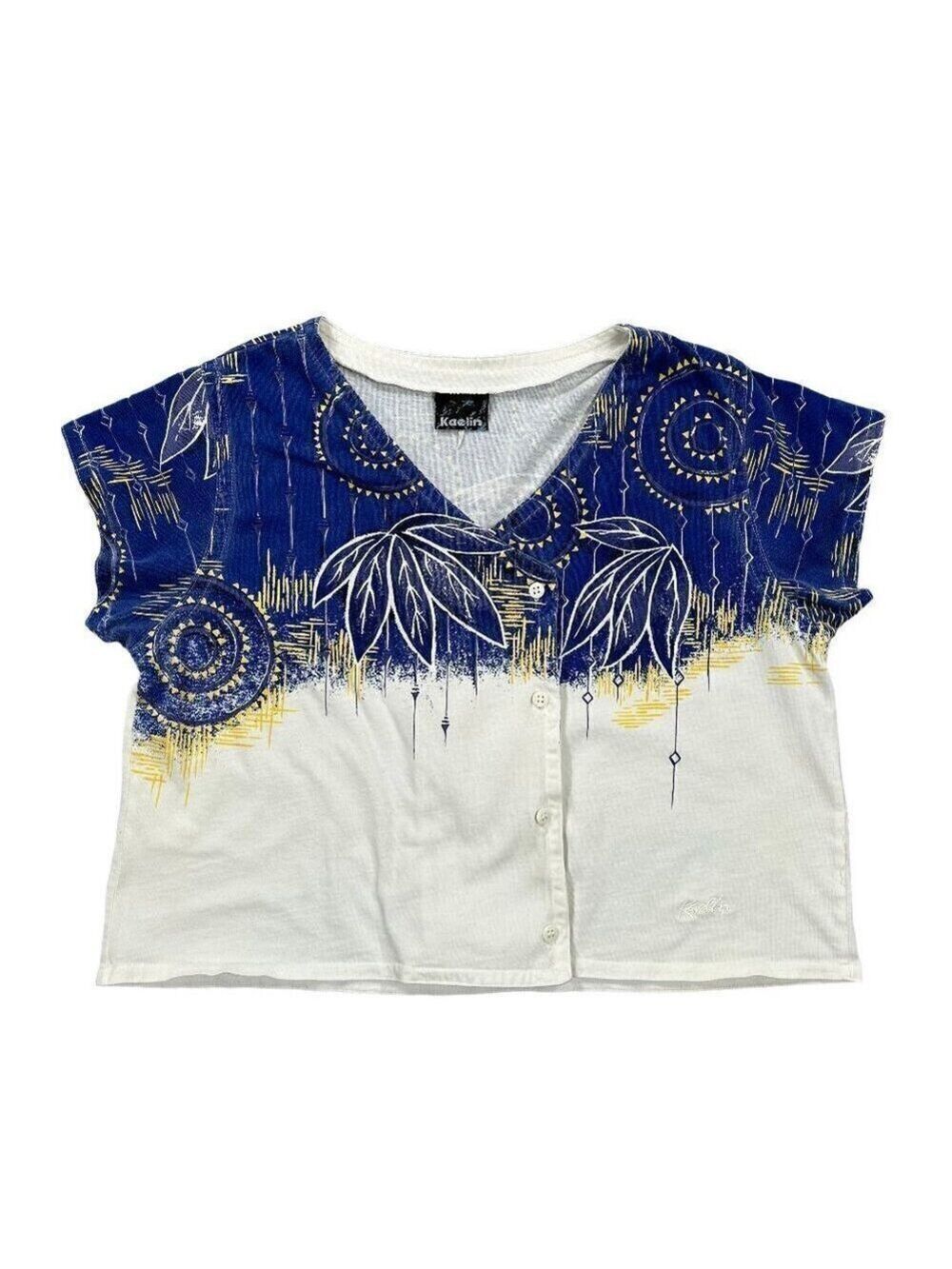 Kaelin Vintage Boxy Novelty Blue White Cotton Blouse Top Size L